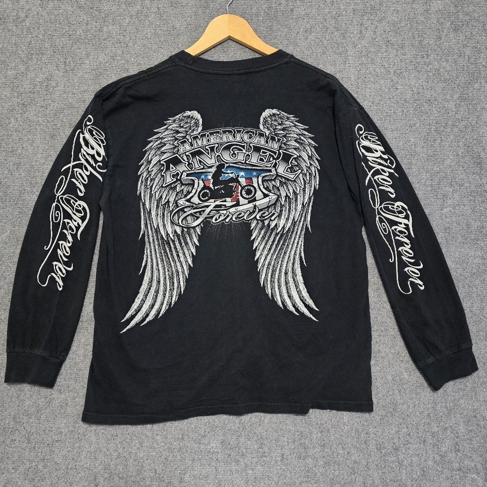 Keya American Angel Biker Forever Long Sleeve T Shirt Double Sided Motorcycle XL